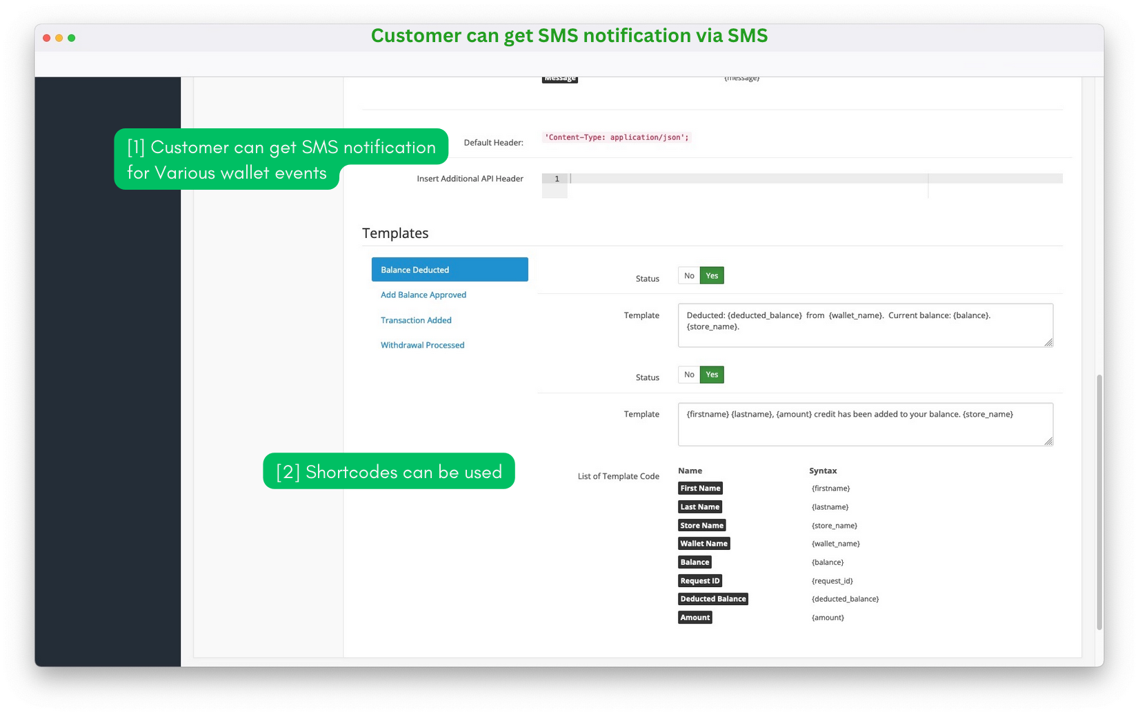 sms setting that will be sent on various events opencart wallet system